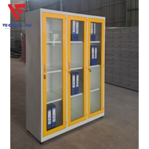 IRON FILE CABINET 3 GLASS COMPARTMENTS + 2 COLOR YELLOW WHITE MIX
